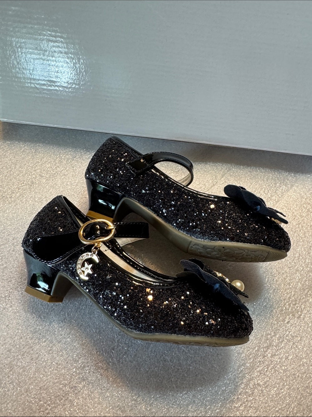 Black Glitter Mary Jane Heels with Bow Detail - Picture 10 of 12